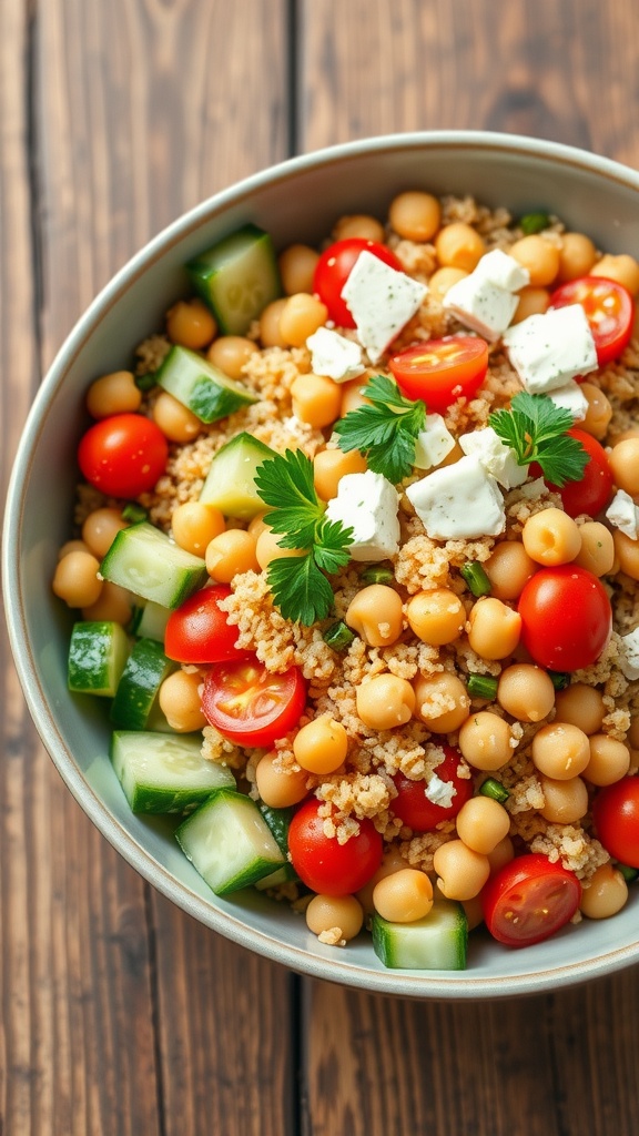 A vibrant Mediterranean quinoa and chickpea salad with cucumbers, tomatoes, and parsley in a bowl, garnished with feta cheese.